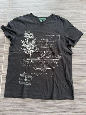 Ralph Lauren Black Short Sleeve Graphic Tee with White Botanical Embroidered Bea